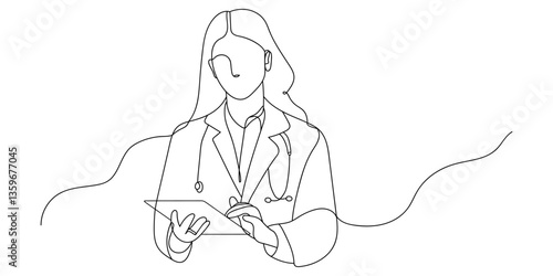 Continuous line drawing of doctor activities, medicine, patient, doctor, healthcare. Hand drawn single line vector illustration