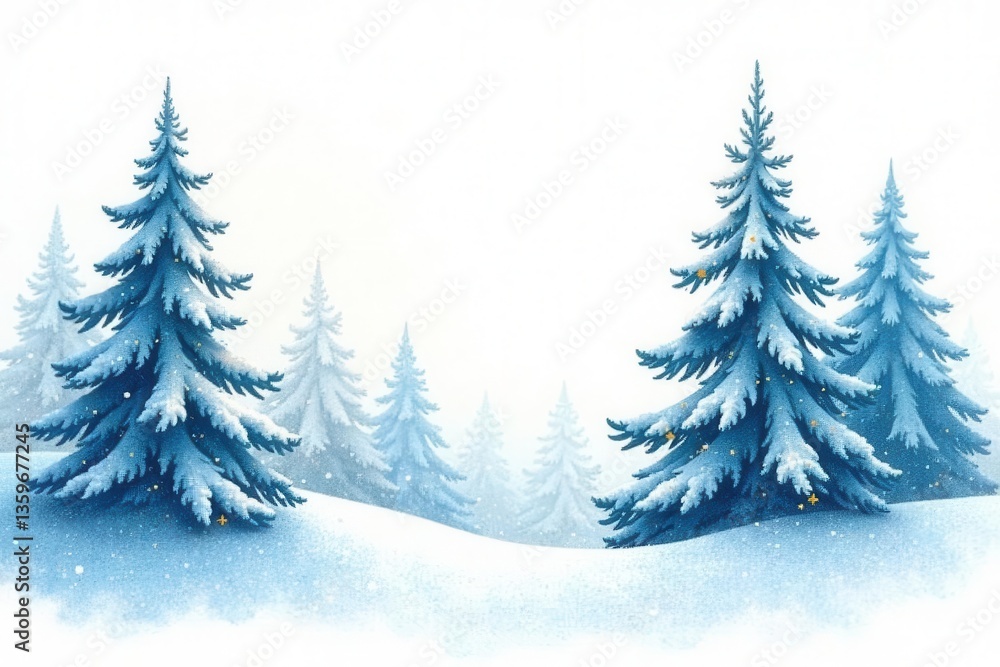 Fototapeta premium Snowy fir trees, winter watercolor wash, white background, graphic, image, icy
