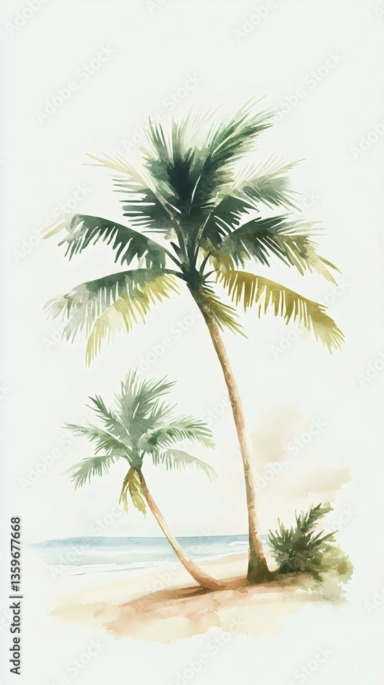 Fototapeta premium A serene watercolor of tropical palm trees by the beach, capturing a calming coastal atmosphere and natural beauty.