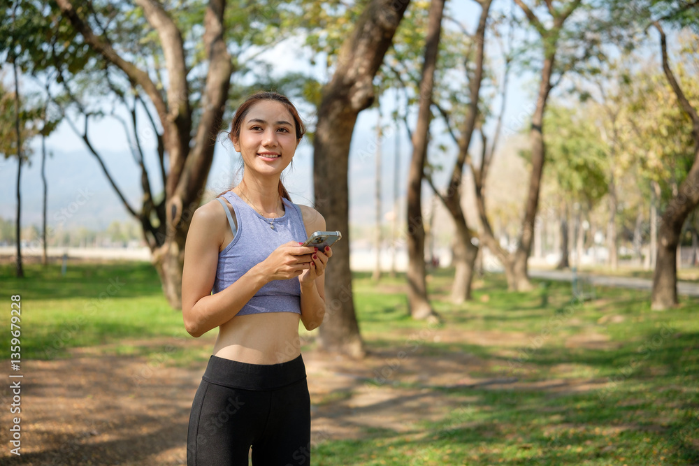 Smiling woman checking her smartphone while taking a break in a scenic park during outdoor workout. Smiling woman checking her smartphone while taking a break in a scenic park during outdoor workout.
