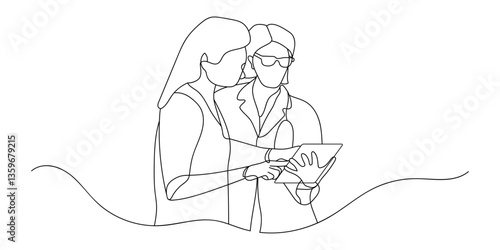 Continuous line drawing of doctor activities, medicine, patient, doctor, healthcare. Hand drawn single line vector illustration