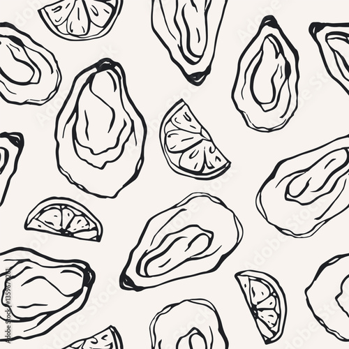 Hand drawn sketch oysters seamless pattern