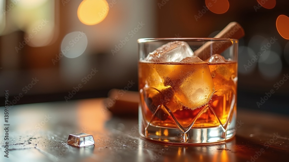 A glass of amber-colored beverage with ice, a cinnamon stick, and a cube on the table. A glass of amber-colored beverage with ice, a cinnamon stick, and a cube on the table.
