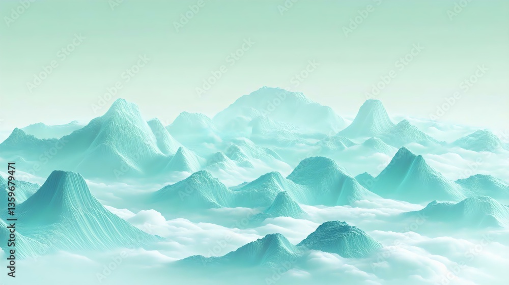 Abstract mountain landscape in cool teal shades, surrounded by soft clouds. Ideal for nature and tranquility themes. Abstract mountain landscape in cool teal shades, surrounded by soft clouds. Ideal for nature and tranquility themes.