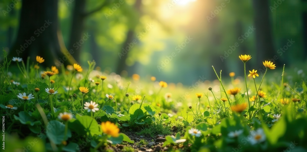 Obraz premium Sunlight dappled on lush green woodland floor, wildflowers blooming , wildflowers, vegetation, woodland floor