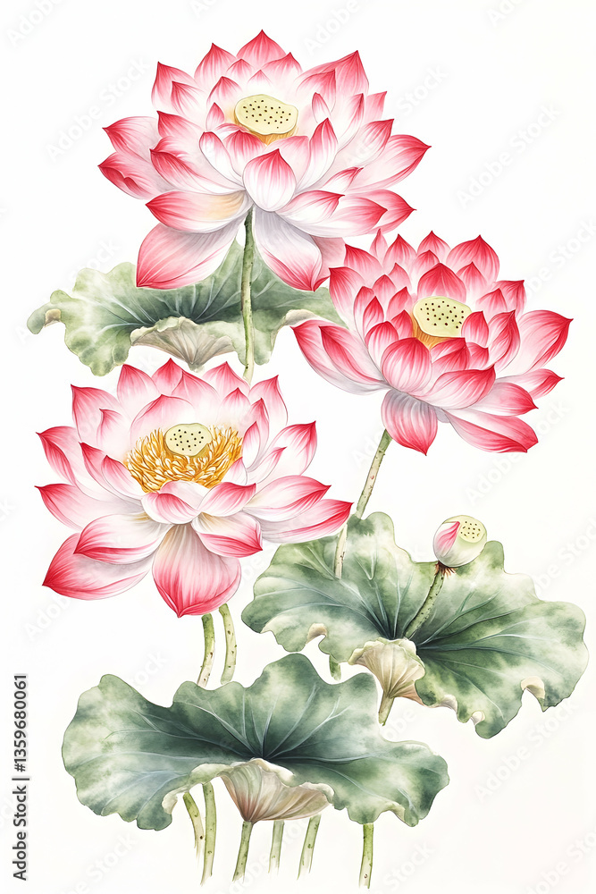 Fototapeta premium Pink lotuses blooming, green leaves, white background, nature design
