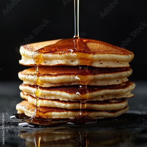 Wallpaper Mural Stack of golden pancakes with syrup dripping on dark background, symbolizing breakfast indulgence and homemade comfort. Perfect for brunch menus, cafe ads, and gourmet food visuals. Torontodigital.ca