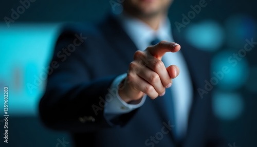 Person in suit pointing with finger in a presentation