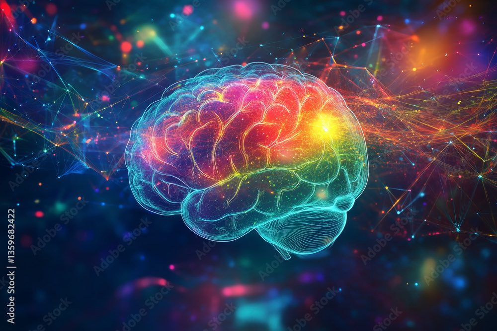 Vibrant Human Brain. Digital render of a brain glowing with color and connected to a network of light. Vibrant Human Brain. Digital render of a brain glowing with color and connected to a network of light.