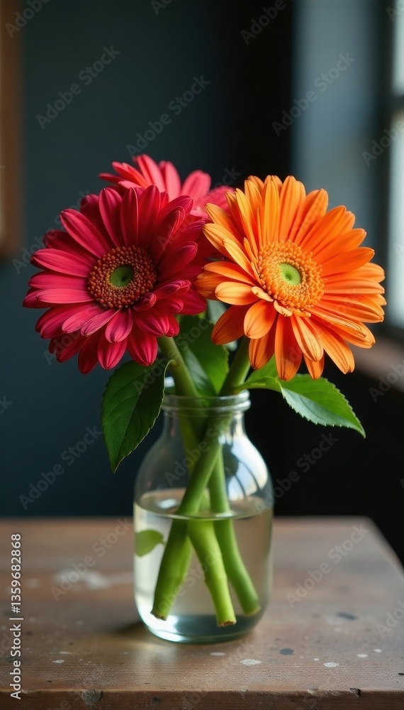 custom made wallpaper toronto digitalVibrant gerbera daisies in glass vase, rustic wood table , macro, details