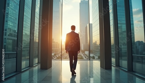 Businessman walking in modern office at sunset