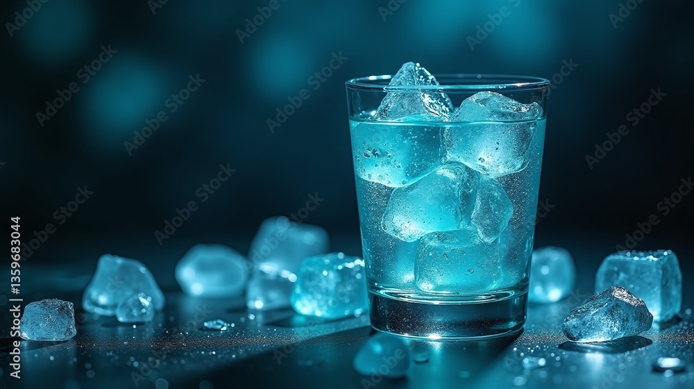 A glass filled with sparkling ice cubes, set against a dark, bokeh background. A glass filled with sparkling ice cubes, set against a dark, bokeh background.