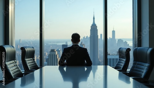 Businessman in conference room overlooking cityscape