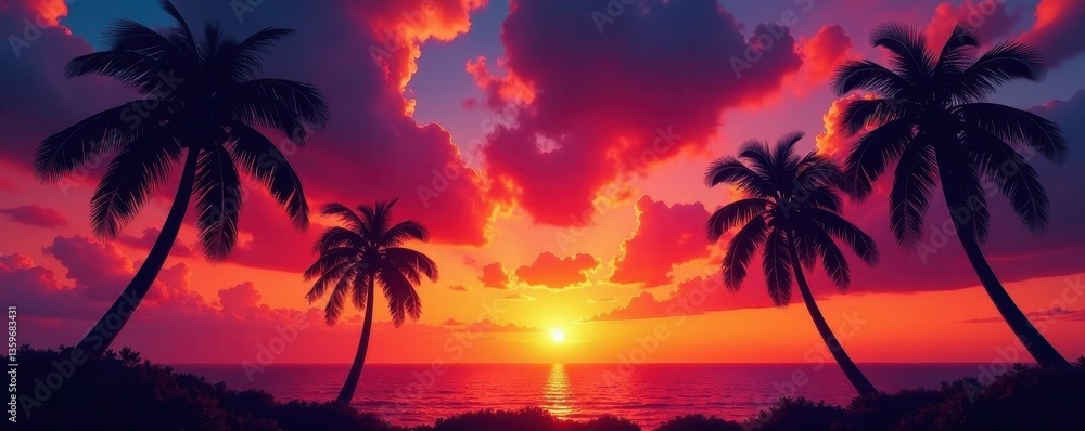 Vibrant sunset hues paint sky, palm trees dark against fiery backdrop, high resolution, vacation, clouds Vibrant sunset hues paint sky, palm trees dark against fiery backdrop, high resolution, vacation, clouds