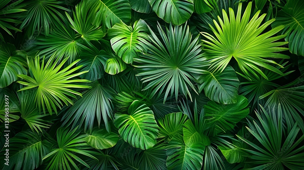 Tropical Paradise With Vibrant Green Palm Leaves Creating Lush and Exotic Scenic Setting Tropical Paradise With Vibrant Green Palm Leaves Creating Lush and Exotic Scenic Setting