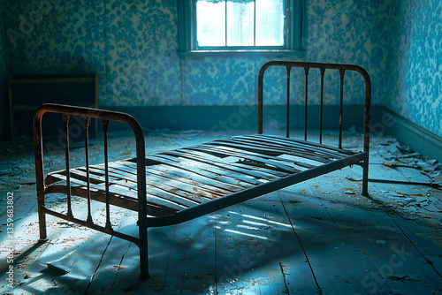 An empty child bed frame in an abandoned room a simple metal bed frame without a mattress