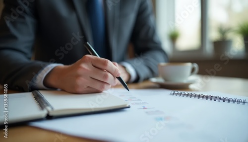Person Writing in Notebook with Coffee Nearby