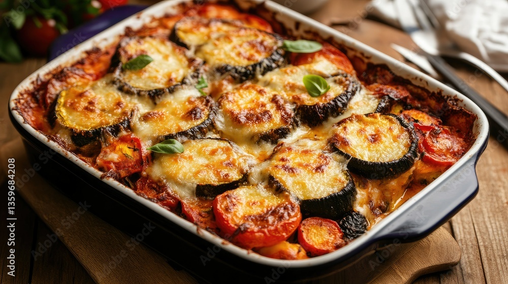 A rich and satisfying vegetable casserole dish with layers of roasted vegetables and melted cheese, freshly baked and ready to serve. A rich and satisfying vegetable casserole dish with layers of roasted vegetables and melted cheese, freshly baked and ready to serve.