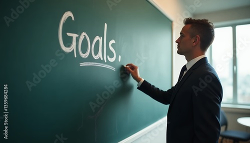 Man Writing Goals on Chalkboard in Office
