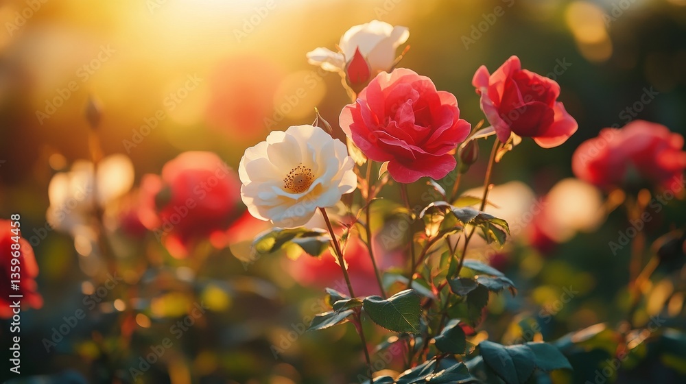 Obraz premium Close-Up of White Roses Blooming on Red Stems With Lush Green Leaves in Natural Garden Setting Highlighting Floral Beauty and Elegance