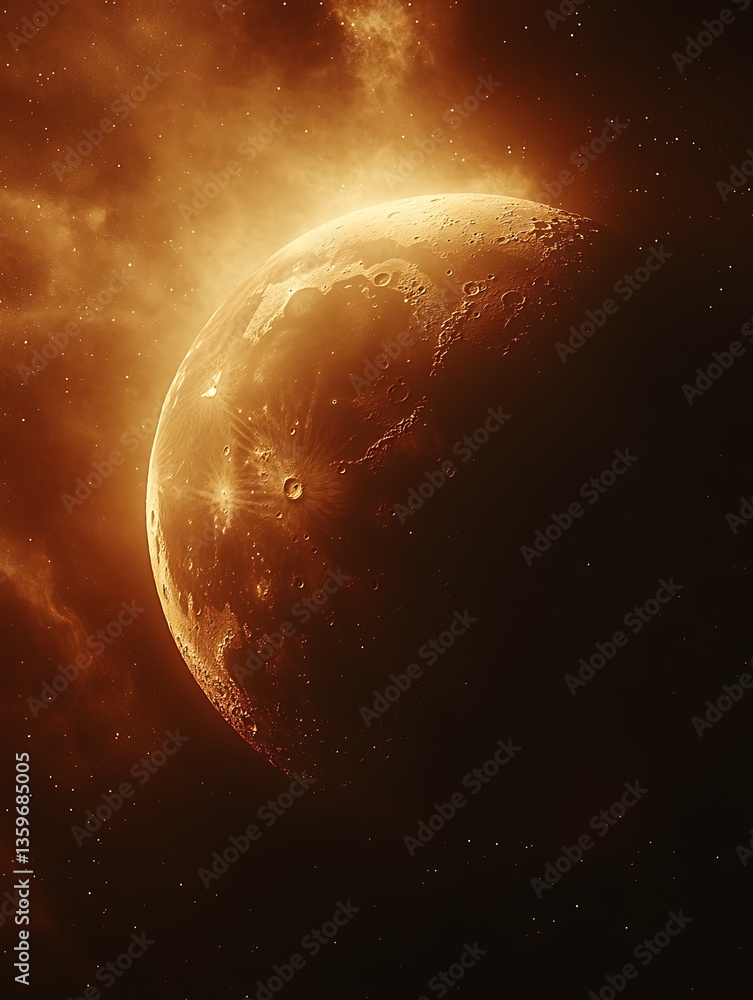 Obraz premium An illuminated lunar sphere appears amidst cosmic dust and darkness