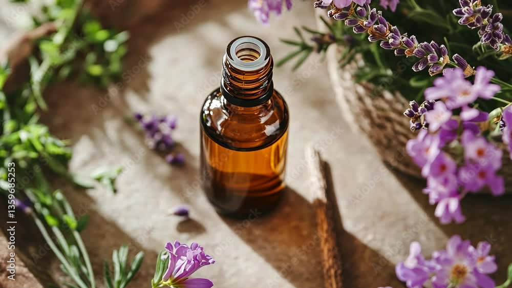 Essential oil bottle surrounded by fresh lavender and herbal greenery on a wooden surface Essential oil bottle surrounded by fresh lavender and herbal greenery on a wooden surface