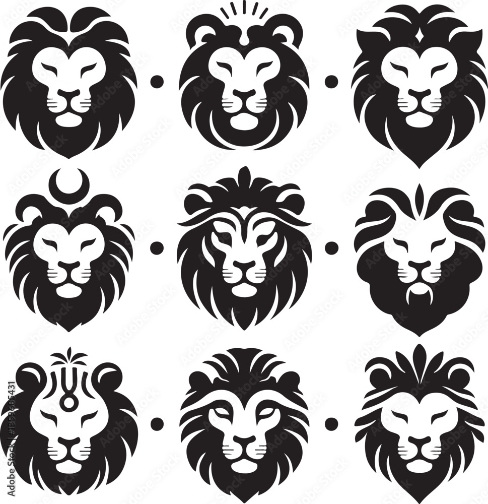 Obraz premium Lion head tattoo design with black and white floral elements, tribal style vector illustration of a powerful wild animal symbol