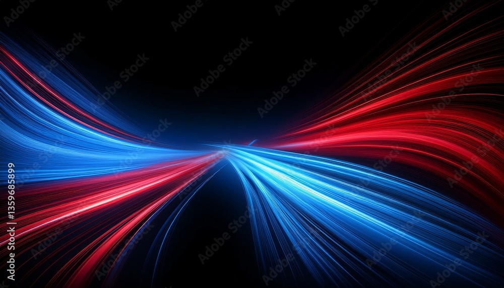 Vibrant, dynamic light trails of blue and red flow smoothly across a black backdrop, creating an abstract and energetic visual image Vibrant, dynamic light trails of blue and red flow smoothly across a black backdrop, creating an abstract and energetic visual image