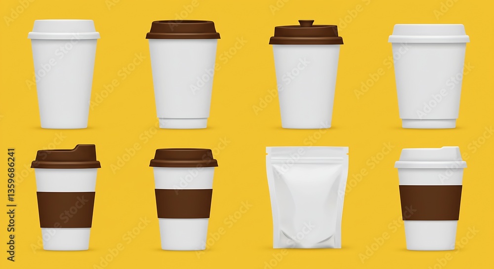 Coffee Cups and Bag Mockup Variety on Yellow Background Display Coffee Cups and Bag Mockup Variety on Yellow Background Display
