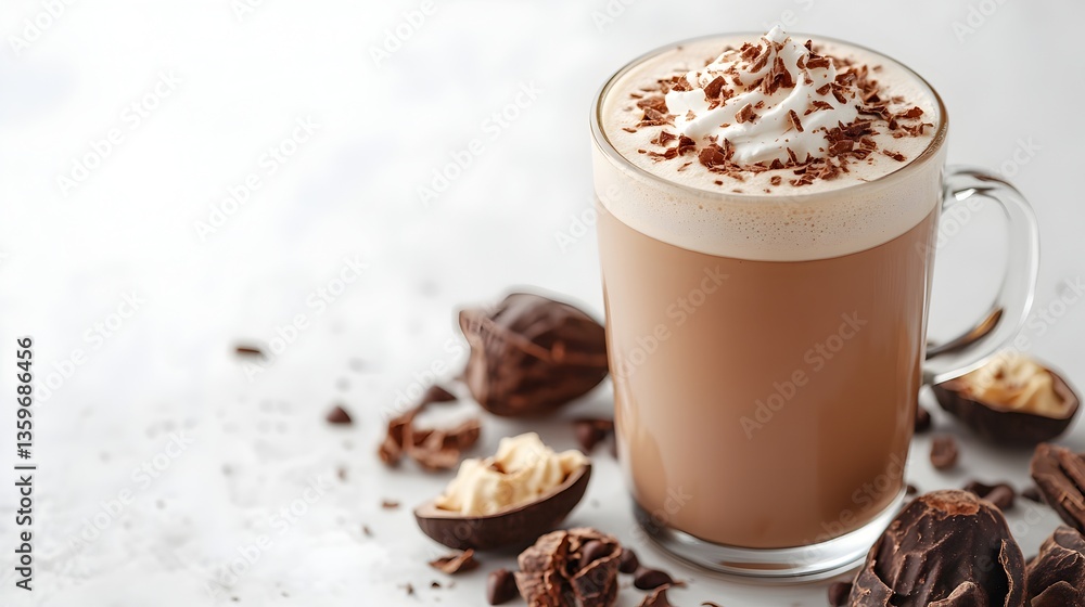 Indue in a rich creamy chocolate latte topped with whipped cream and chocolate shavings served in a clear glass mug. Indue in a rich creamy chocolate latte topped with whipped cream and chocolate shavings served in a clear glass mug.