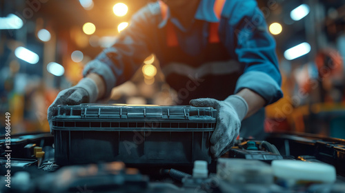 Mechanic Replacing Battery in Car Engine Compartment with Gloves in Workshop