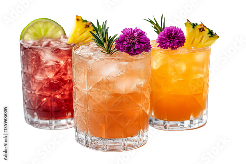 Refreshing summer cocktails with fruits and flowers on a transparent background.