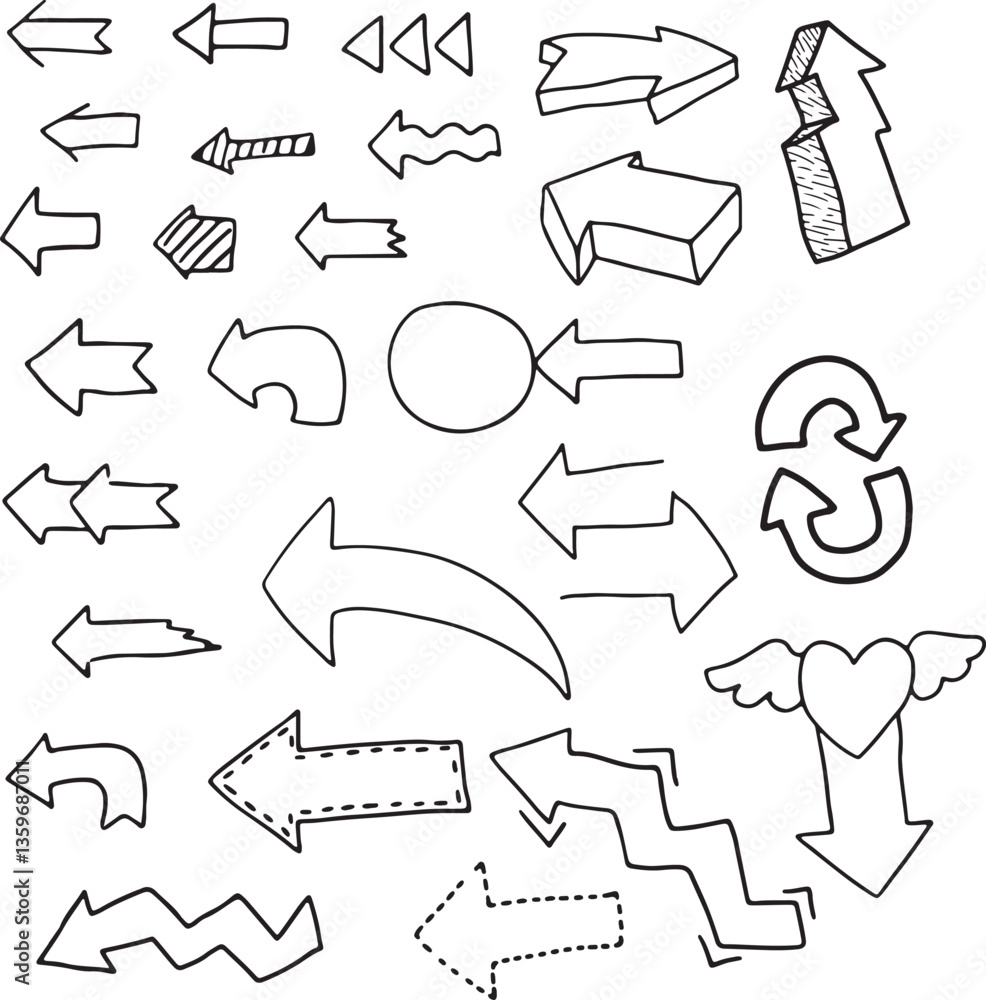 Obraz premium set of arrows drawn with black curved lines, dotted arrow, growth arrow, volumetric arrow, arrow with heart, circular arrow, double-sided arrow