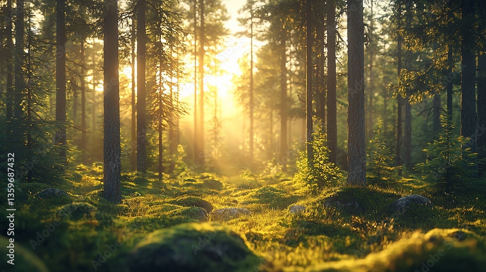 Fototapeta premium Sunlit Forest Nature Scene Tranquil Landscape