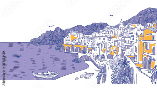 Beautiful summer european travel destination. Hand drawn style of south france or Italy coastline