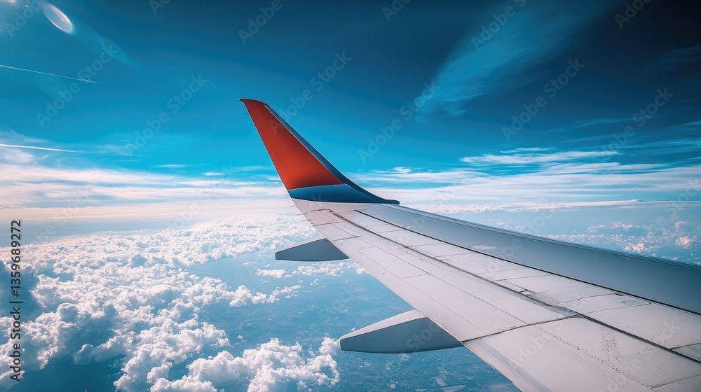 A stunning view of the airplane wing against the vibrant blue sky, capturing the vastness of the world below. A stunning view of the airplane wing against the vibrant blue sky, capturing the vastness of the world below.