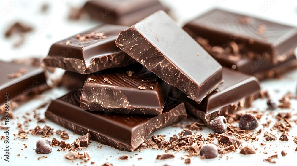 A delectable stack of rich dark chocolate pieces sits on a white surface surrounded by chocolate shavings. A delectable stack of rich dark chocolate pieces sits on a white surface surrounded by chocolate shavings.