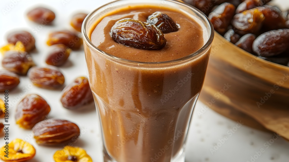 A delicious and healthy date smoothie in a glass with fresh dates scattered around a wooden bowl. A delicious and healthy date smoothie in a glass with fresh dates scattered around a wooden bowl.