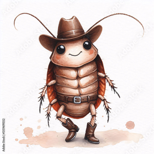 A surprisingly cute anthropomorphic cockroach illustrated in watercolor, wearing a tiny cowboy hat, small belt, and boots. Its thin legs confidently stand on the ground, 