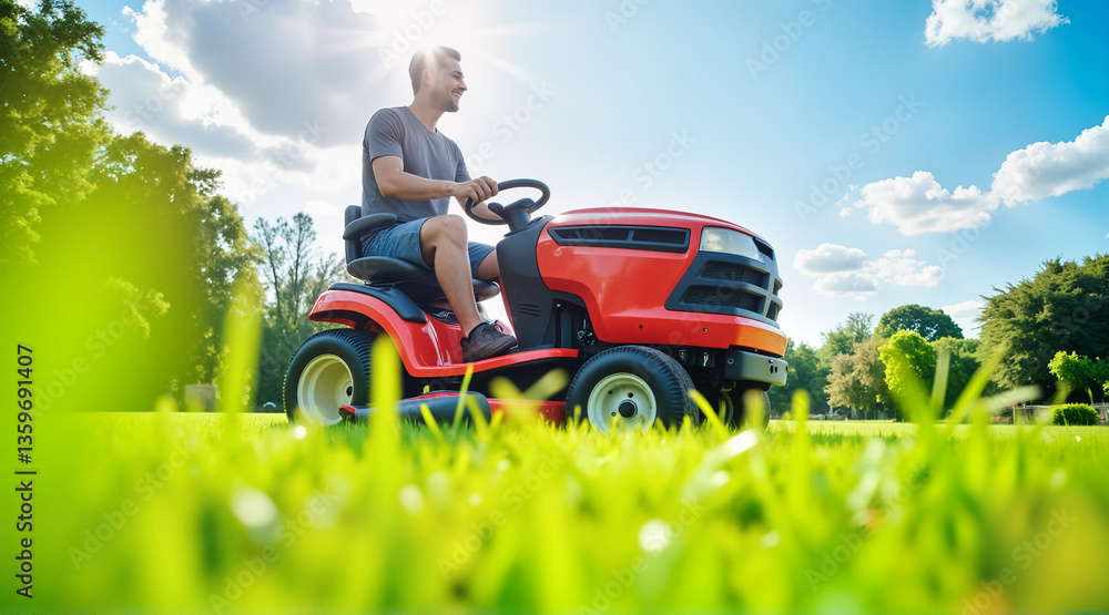 Fototapeta premium Gardener Driving Riding Lawn Mower – Vibrant Green Grass and Sunny Garden for Landscaping and Maintenance Content