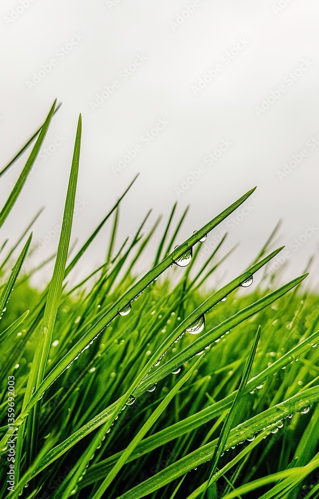 Fototapeta premium Crystal clear dew drops cling to vibrant green grass blades, droplet, close-up, scene isolated 