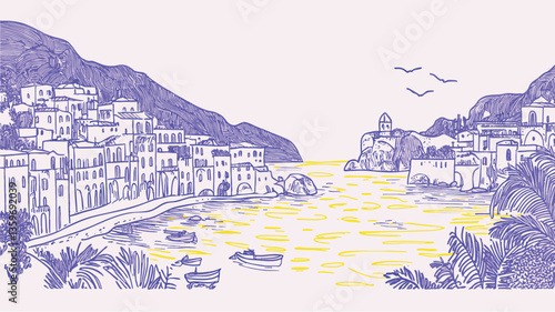 Beautiful summer european travel destination. Hand drawn style of south france or Italy coastline