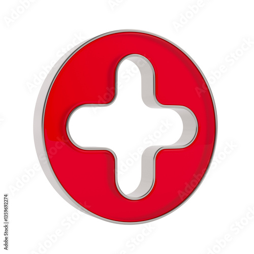 Cross shaped hole in red circle on white background. Isolated 3D illustration