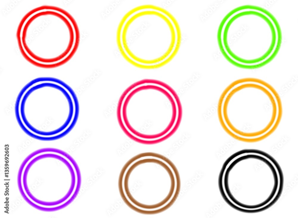Glowing neon circle frame with spiral effect and abstract lines, creating a futuristic look on a white background. Red, yellow, green, blue, pink, orange, purple, brown, black. Glowing neon circle frame with spiral effect and abstract lines, creating a futuristic look on a white background. Red, yellow, green, blue, pink, orange, purple, brown, black.