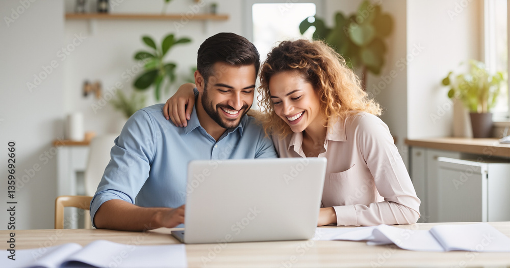 Happy Couple Hugging with Laptop and Documents – Family Home Setting for Insurance Renewal and Financial Planning Happy Couple Hugging with Laptop and Documents – Family Home Setting for Insurance Renewal and Financial Planning
