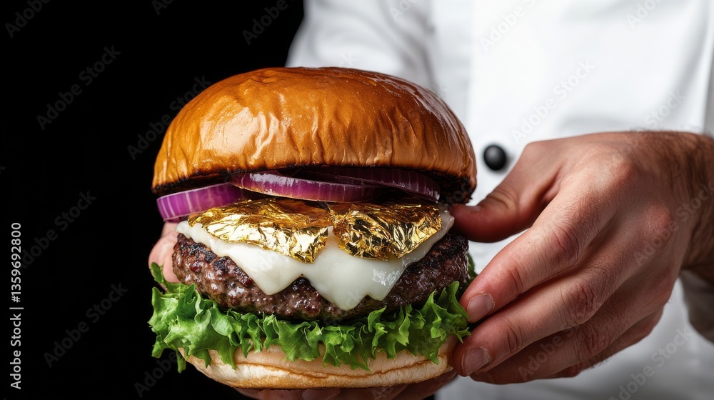 Luxurious gourmet burger with gold leaf upscale restaurant food photography dark background close-up culinary indulgence Luxurious gourmet burger with gold leaf upscale restaurant food photography dark background close-up culinary indulgence