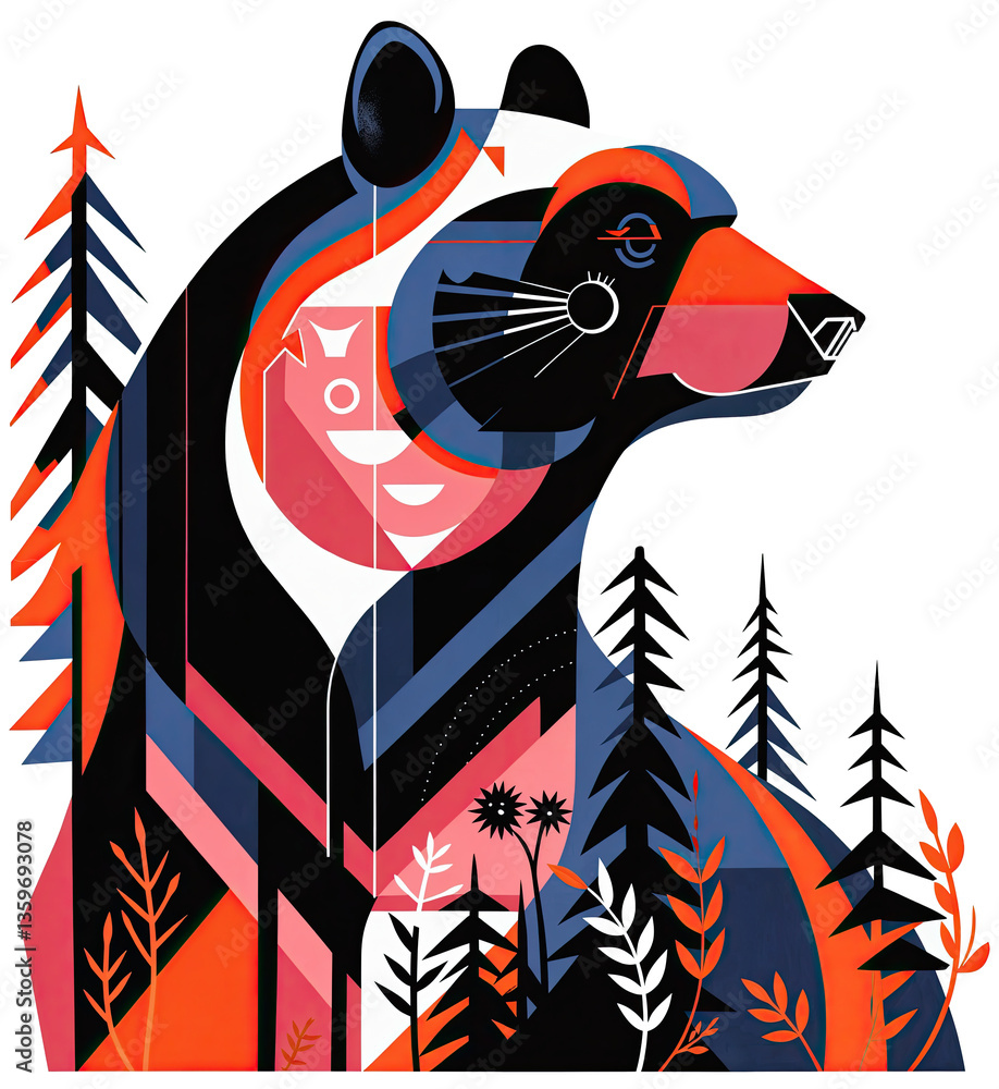 a stylized, geometric illustration of a bear in a forest setting. The bear is depicted in a modern, abstract art style, with vibrant red and blue colors and intricate patterns.