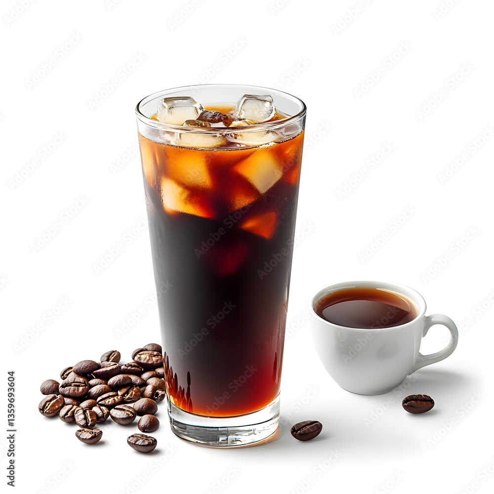 Iced Americano with coffee beans nearby Iced Americano with coffee beans nearby