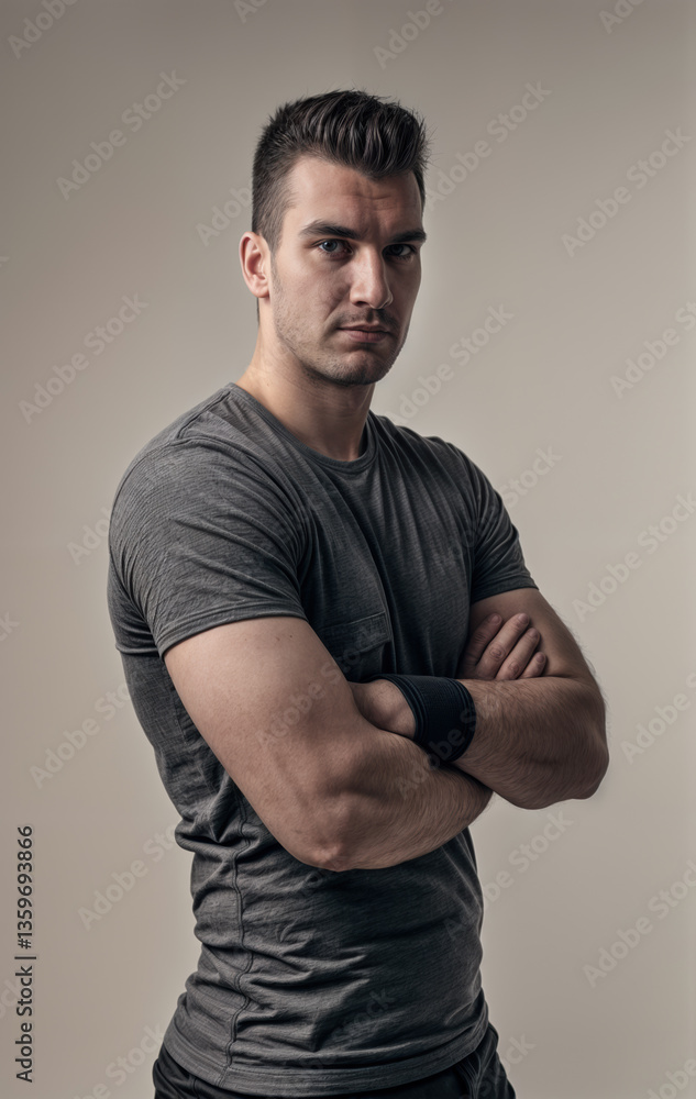 a person wearing a gray t-shirt and a black wristband, standing with their arms crossed against a plain background.
