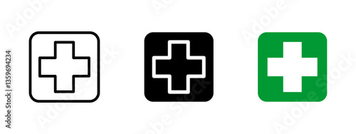 Medical first aid icon. Healthcare vector illustration. Emergency treatment and hospital cross symbol. Safety and support sign for clinics, pharmacies and rescue services.